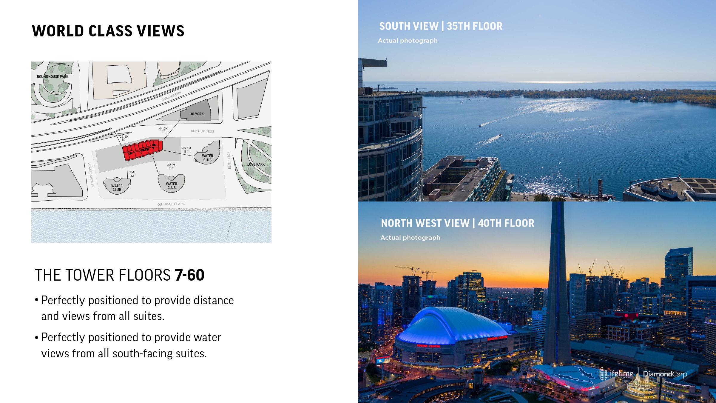 South and northwest views from Q Tower showing Lake Ontario and the CN Tower from high floors